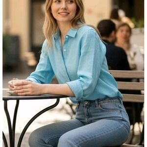 NWT Untuckit Women's Linen Button Up Classic Blush Aqua Shirt Long Sleeve Size 0